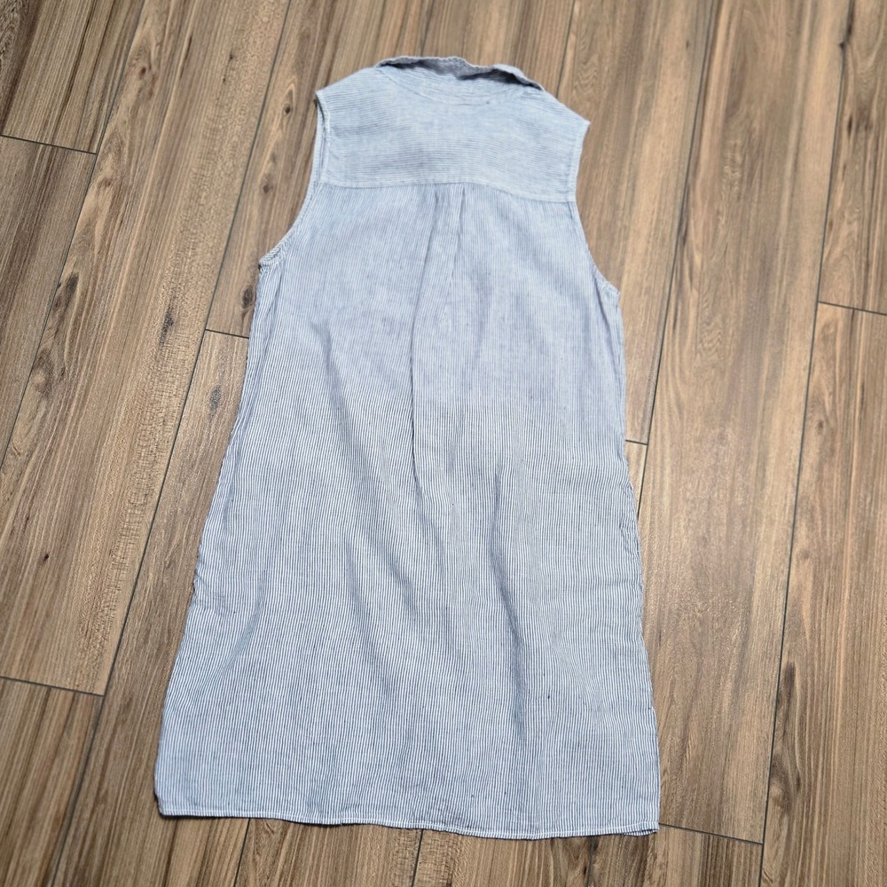 Tahari Blue White Striped Linen Sleeveless Button Front Dress Large w Pockets - Picture 6 of 8